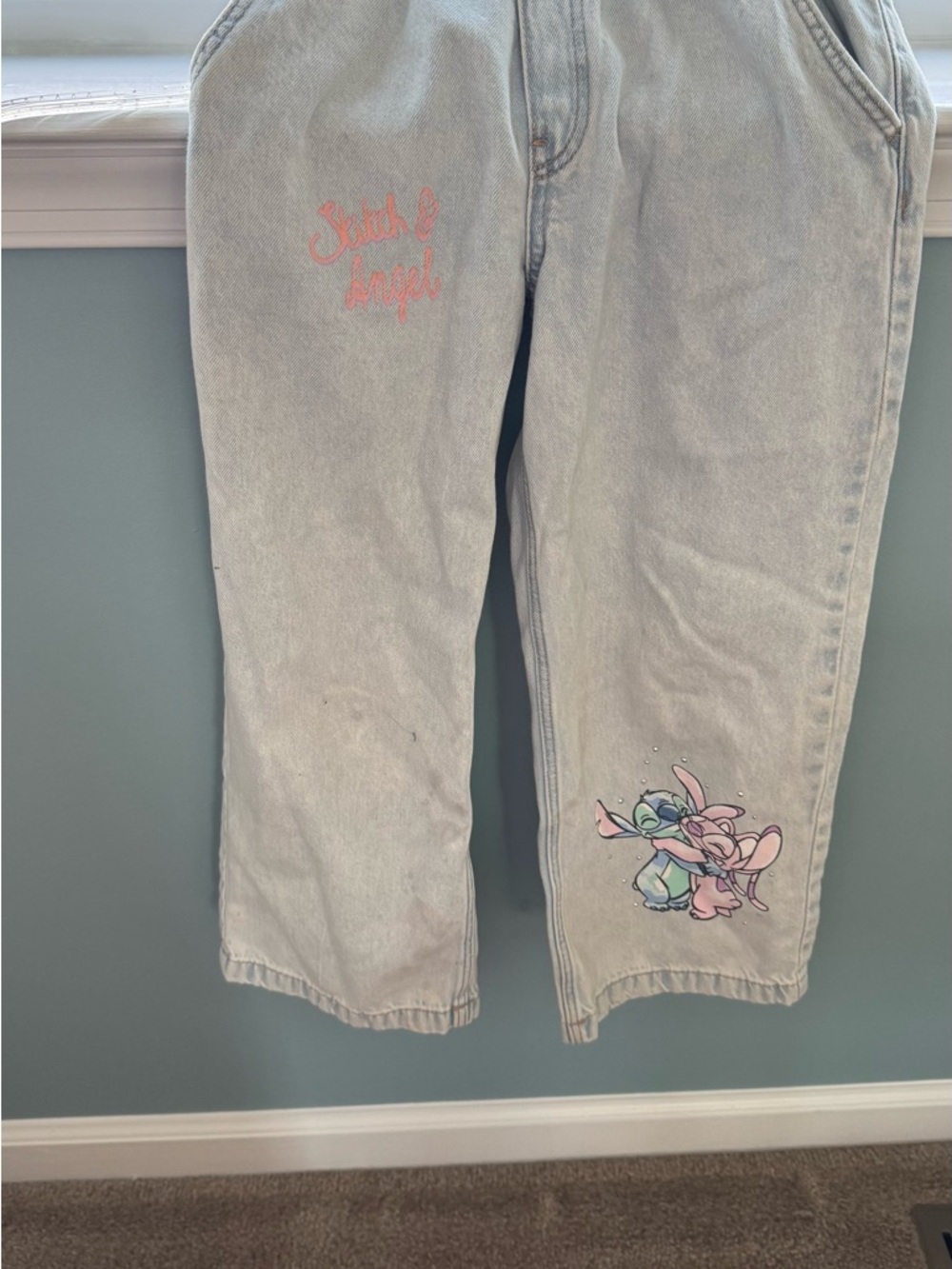 Light Wash Denim Pants with Stitch & Angel Embroidery Girls